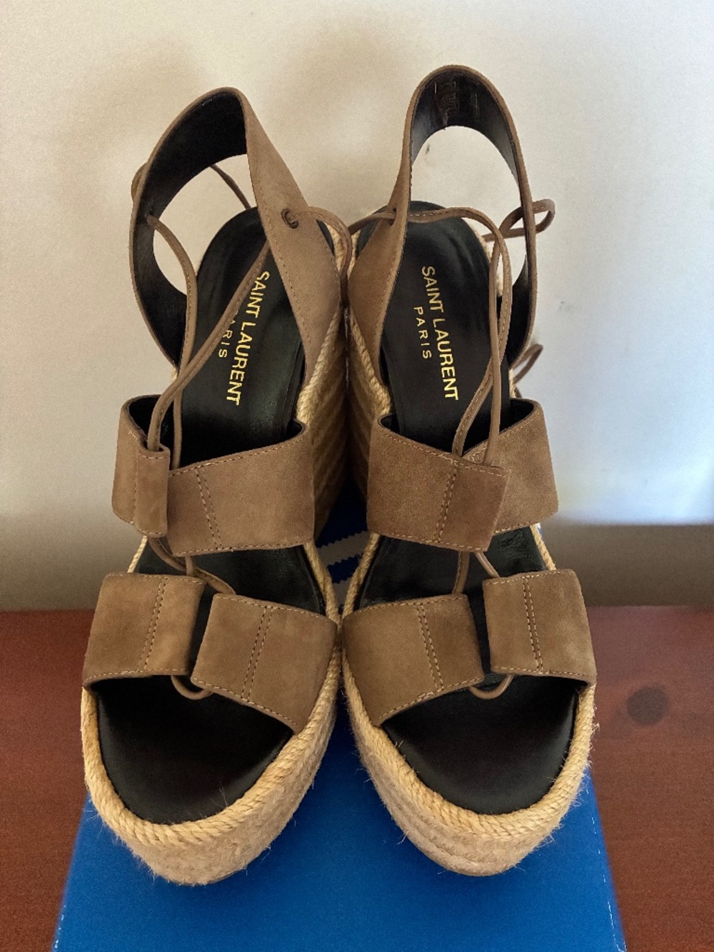 Pre-owned Yves Saint Laurent taupe suede espadrille sandals